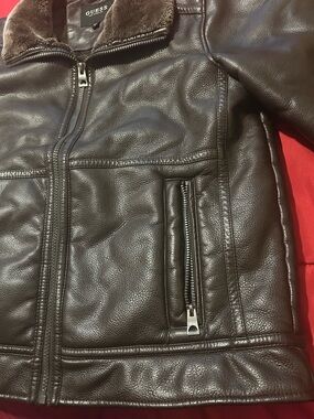 GUESS Men’s Faux Leather Bomber Jacket - Brown with Faux Fur Lining